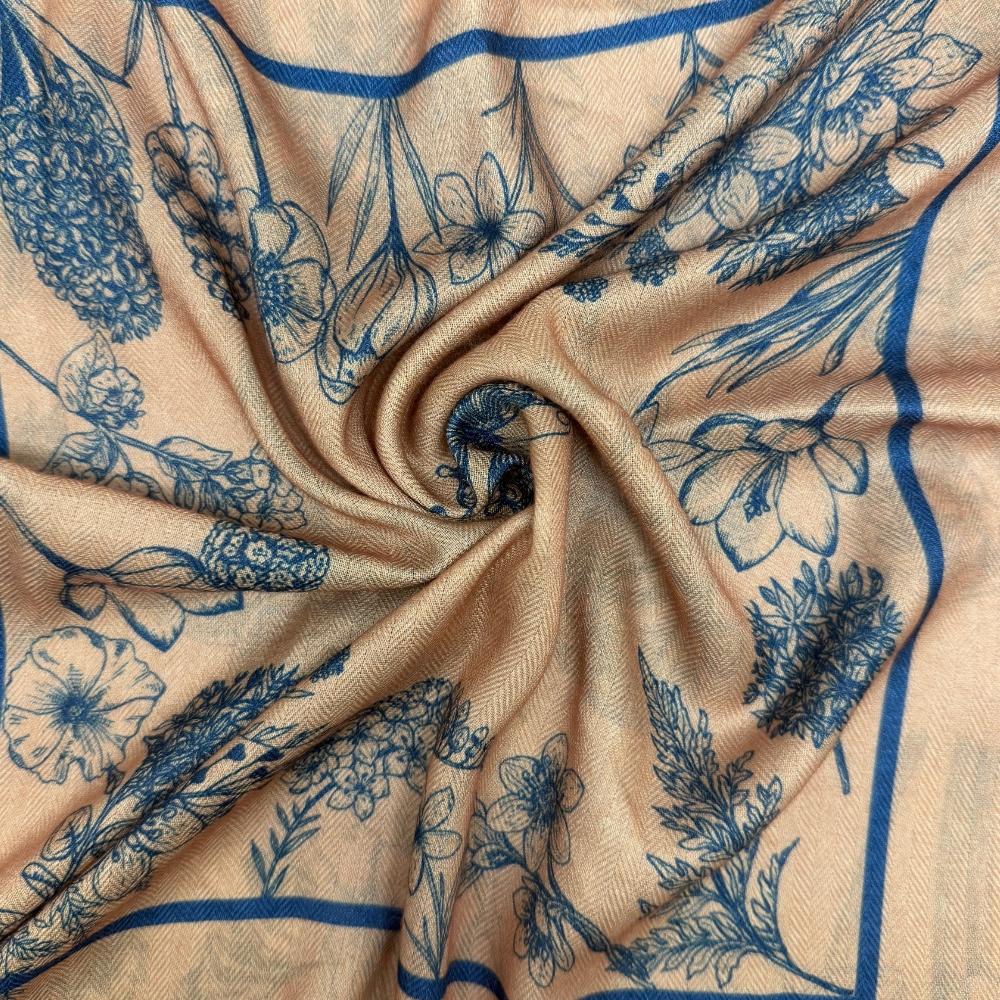 Mustard Yellow & Navy Blue Reversible Wool Neckerchief For Men with Stripe Floral Sketch Print