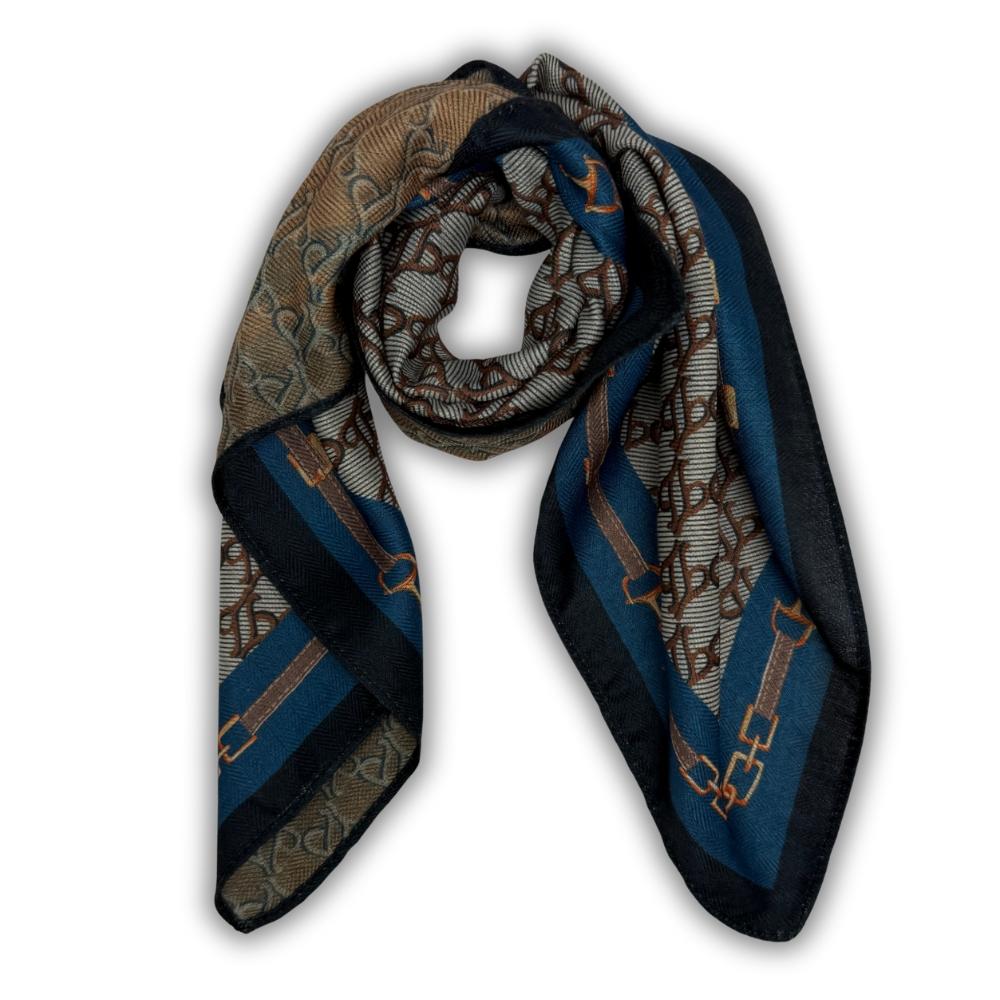 Taupe & Teal Reversible Wool Neckerchief For Men with Interlock Pattern Print