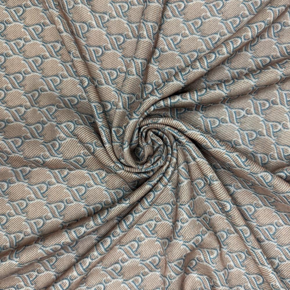 Taupe & Teal Reversible Wool Neckerchief For Men with Interlock Pattern Print