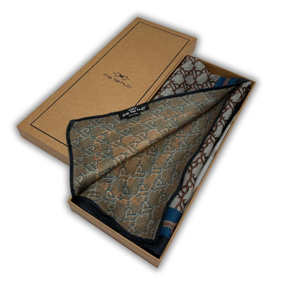 Taupe & Teal Reversible Wool Neckerchief For Men with Interlock Pattern Print