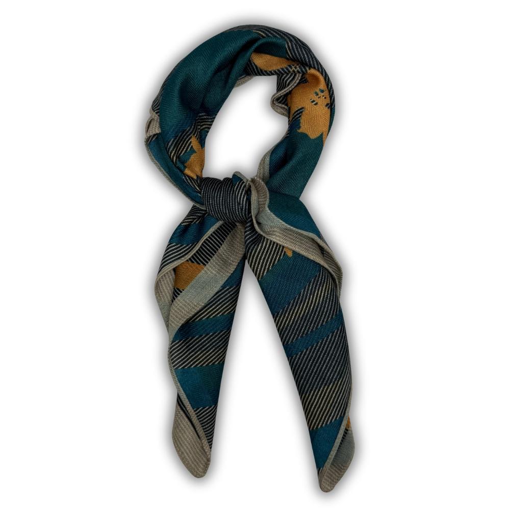 Charcoal Grey & Teal Reversible Wool Neckerchief For Men with Pinstripe Color Block Design