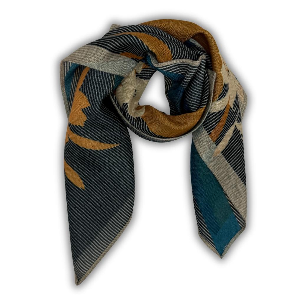 Charcoal Grey & Teal Reversible Wool Neckerchief For Men with Pinstripe Color Block Design