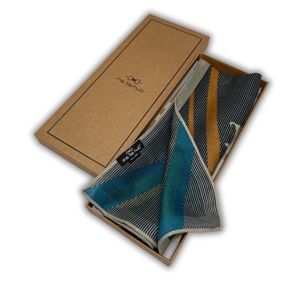 Charcoal Grey & Teal Reversible Wool Neckerchief For Men with Pinstripe Color Block Design