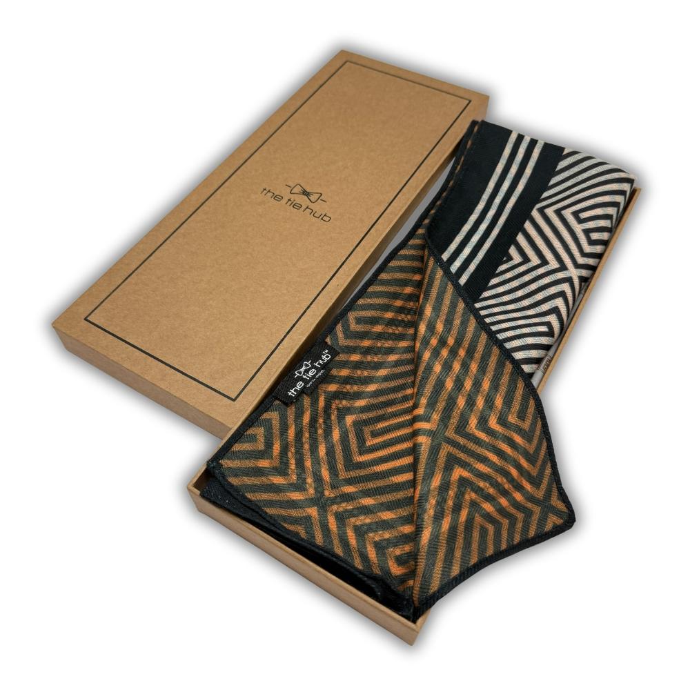 Black & Rust Orange Reversible Wool Neckerchief For Men with Geometric Maze Print