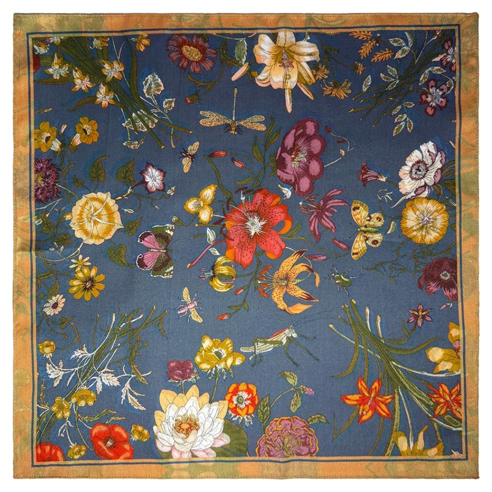 Orange, Green & Teal Blue Reversible Wool Neckerchief For Men with Botanical Floral Print