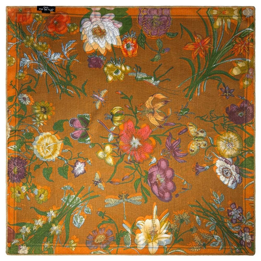 Orange, Green & Teal Blue Reversible Wool Neckerchief For Men with Botanical Floral Print