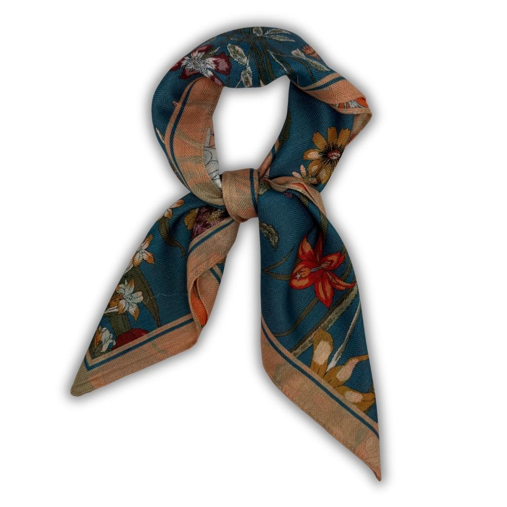 Orange, Green & Teal Blue Reversible Wool Neckerchief For Men with Botanical Floral Print