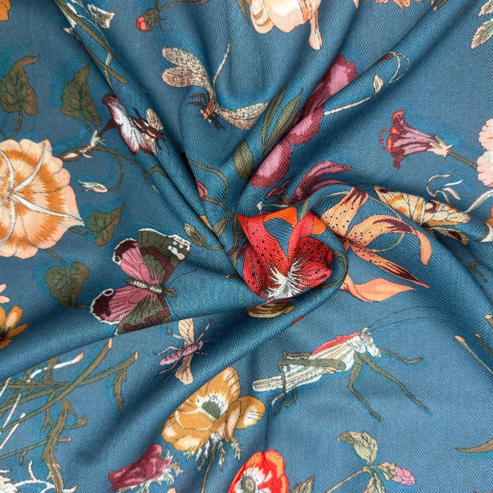 Orange, Green & Teal Blue Reversible Wool Neckerchief For Men with Botanical Floral Print