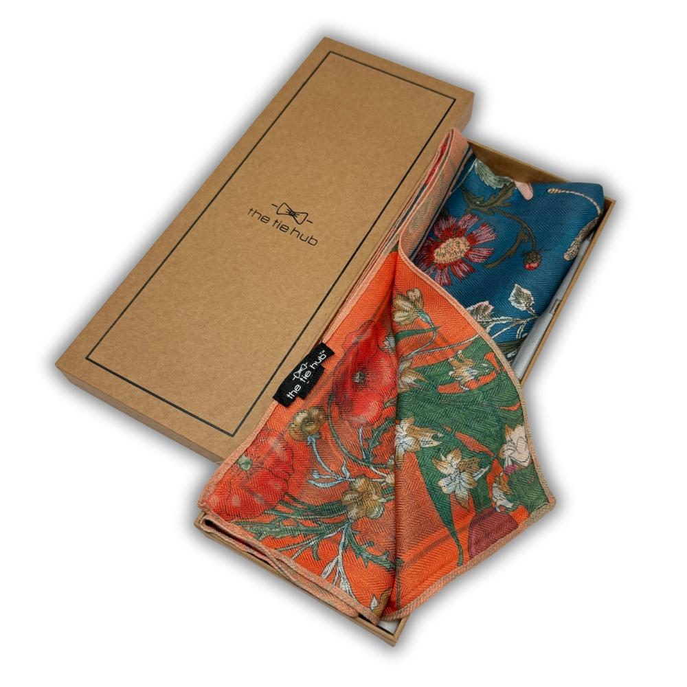 Orange, Green & Teal Blue Reversible Wool Neckerchief For Men with Botanical Floral Print