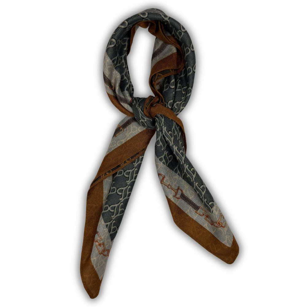 Charcoal Grey & Mustard Reversible Wool Neckerchief For Men with Chain Link Print