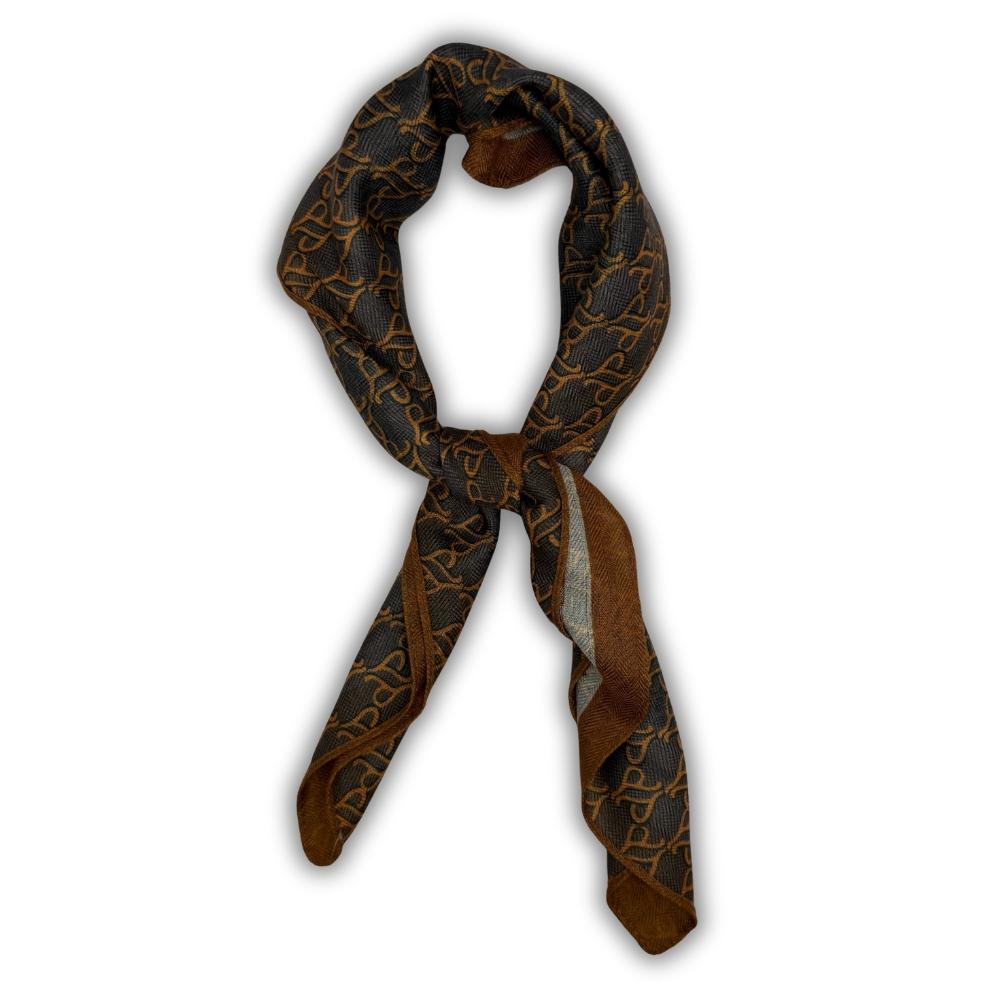 Charcoal Grey & Mustard Reversible Wool Neckerchief For Men with Chain Link Print