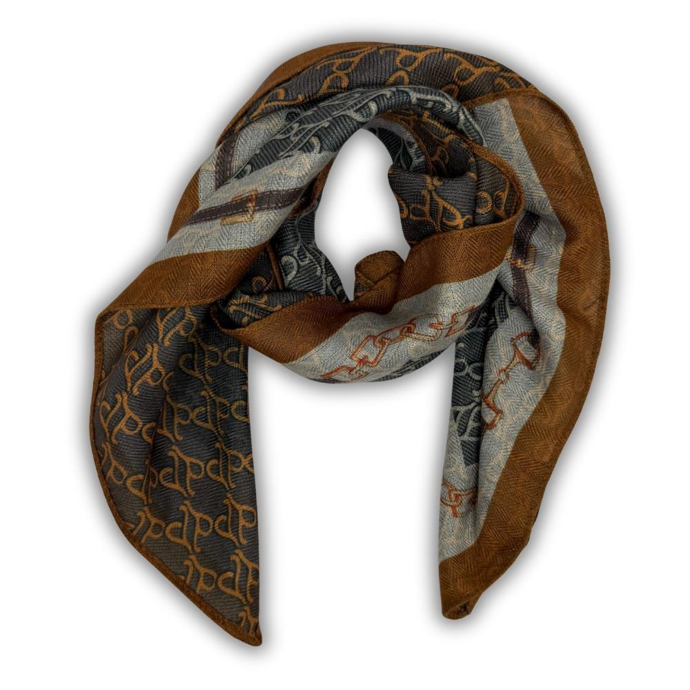 Charcoal Grey & Mustard Reversible Wool Neckerchief For Men with Chain Link Print