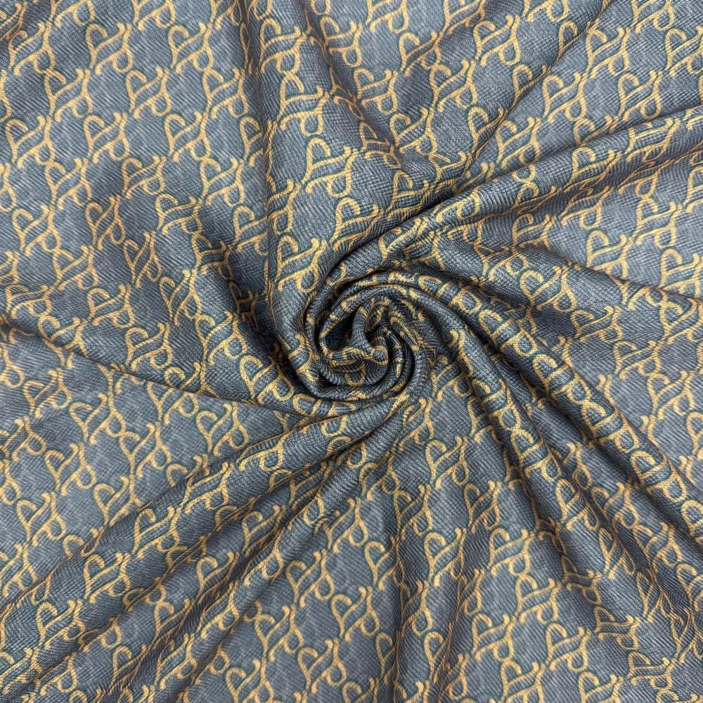 Charcoal Grey & Mustard Reversible Wool Neckerchief For Men with Chain Link Print