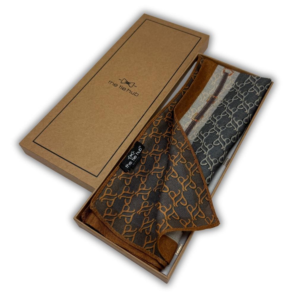 Charcoal Grey & Mustard Reversible Wool Neckerchief For Men with Chain Link Print