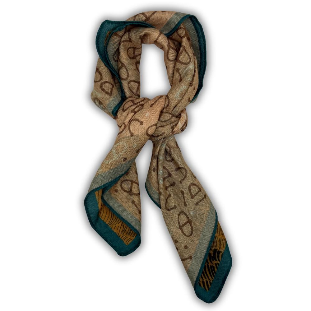 Mustard Yellow & Teal Reversible Wool Neckerchief For Men with Abstract Leaf Print