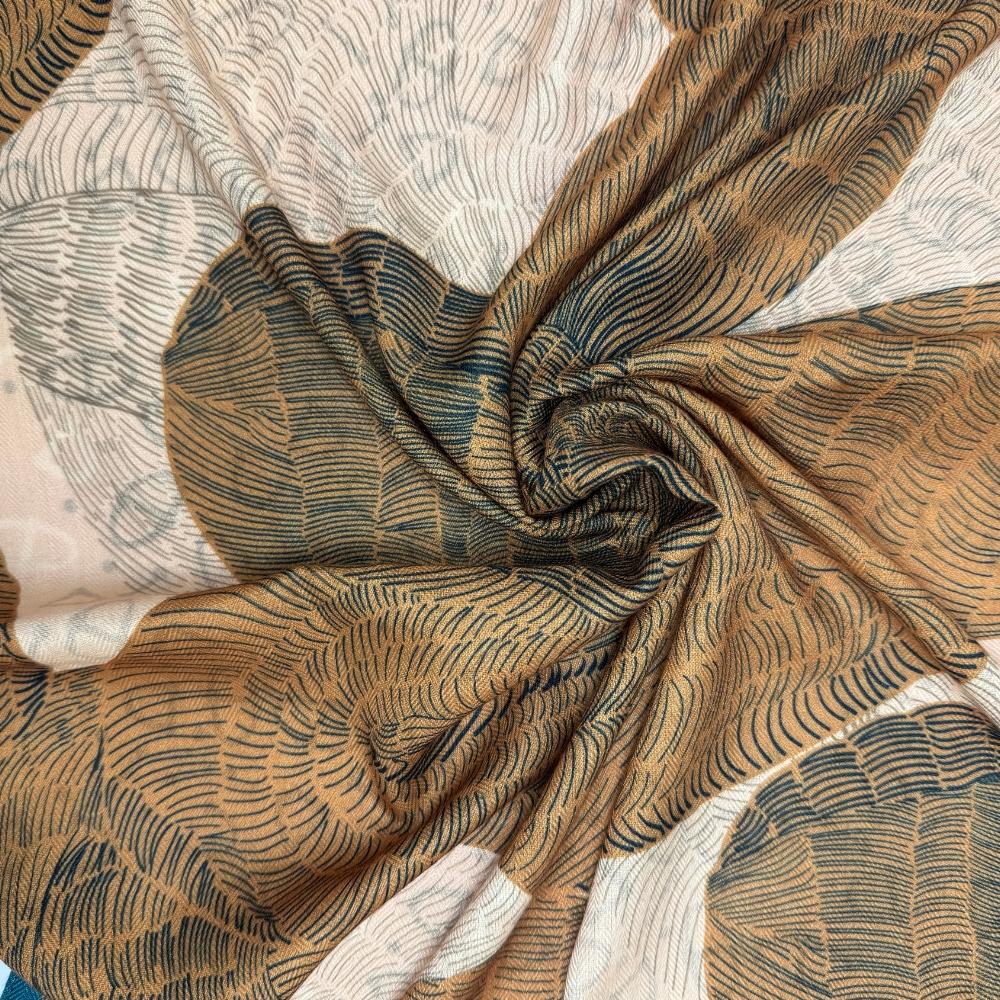 Mustard Yellow & Teal Reversible Wool Neckerchief For Men with Abstract Leaf Print