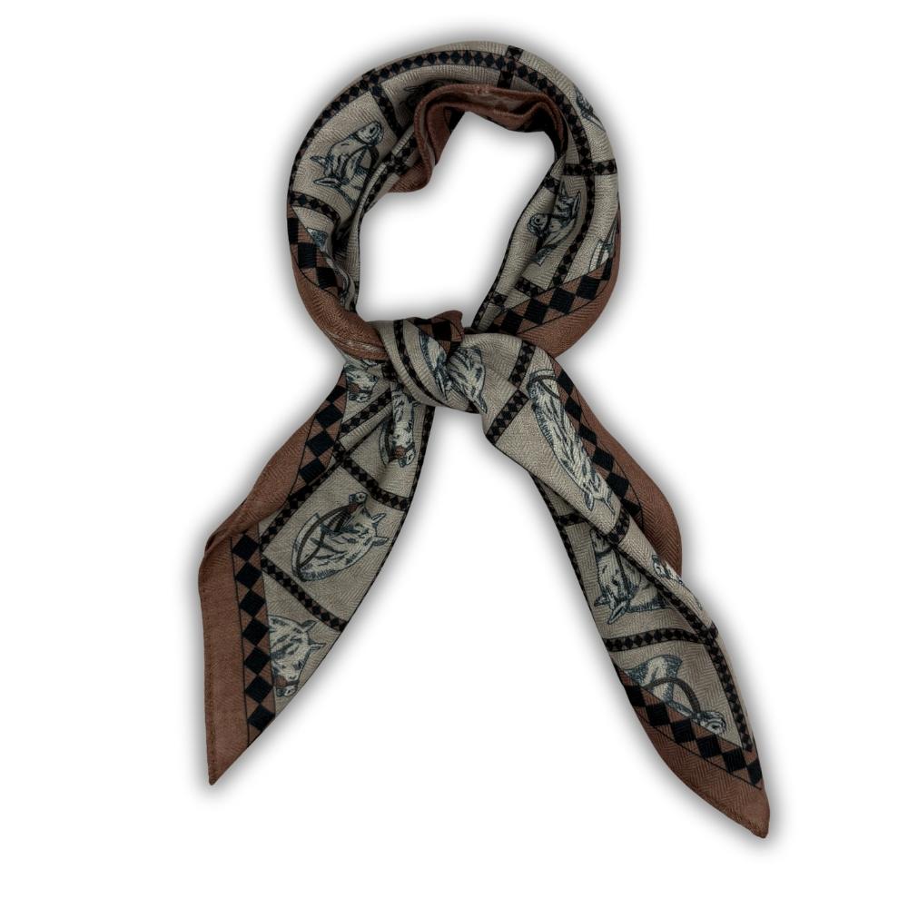 Beige & Brown Reversible Wool Neckerchief for Men - Equestrian Print & Geometric