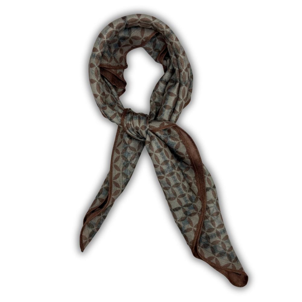 Beige & Brown Reversible Wool Neckerchief for Men - Equestrian Print & Geometric