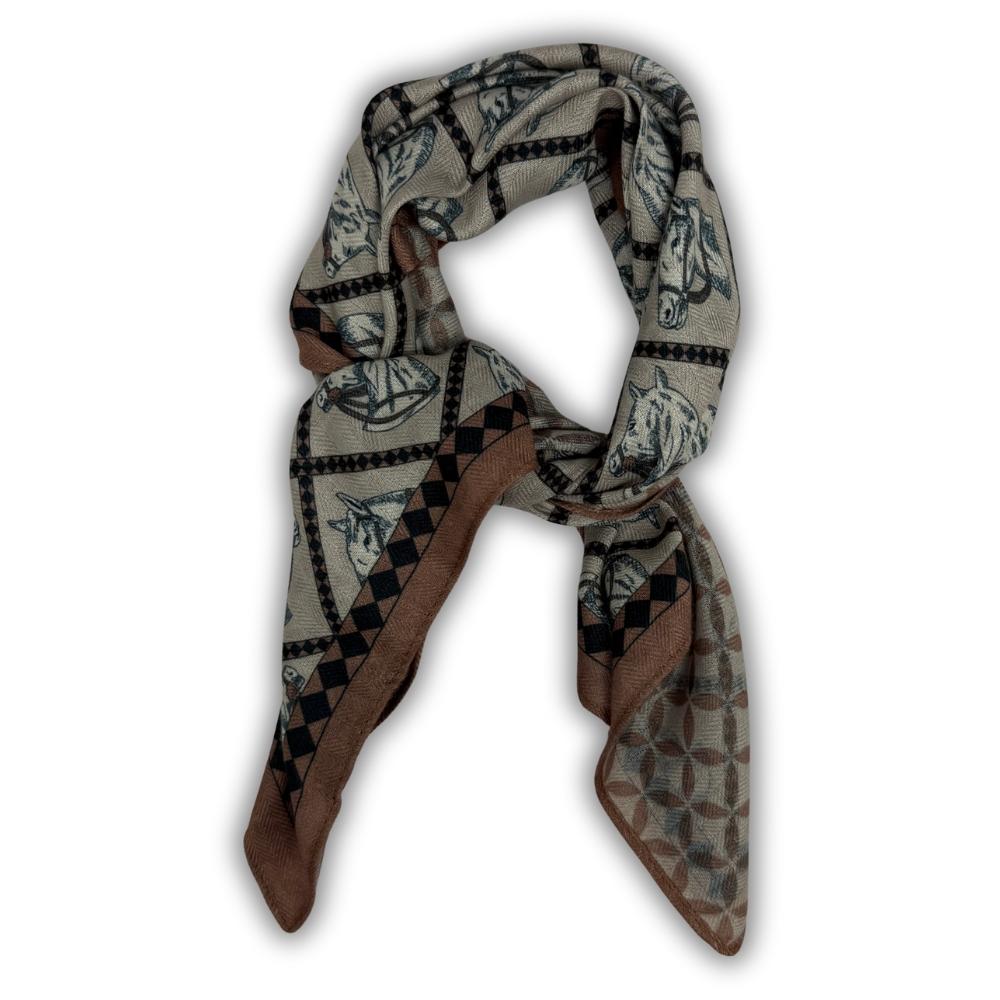 Beige & Brown Reversible Wool Neckerchief for Men - Equestrian Print & Geometric