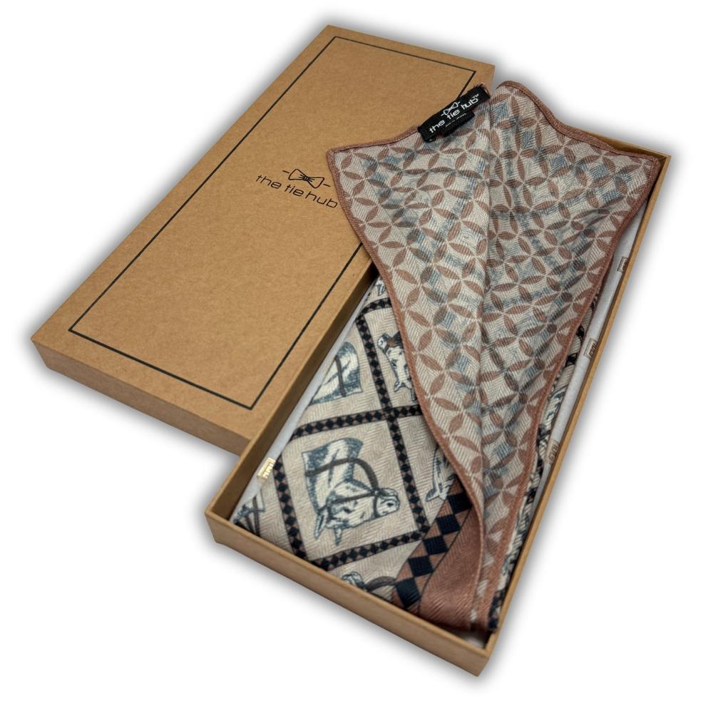 Beige & Brown Reversible Wool Neckerchief for Men - Equestrian Print & Geometric