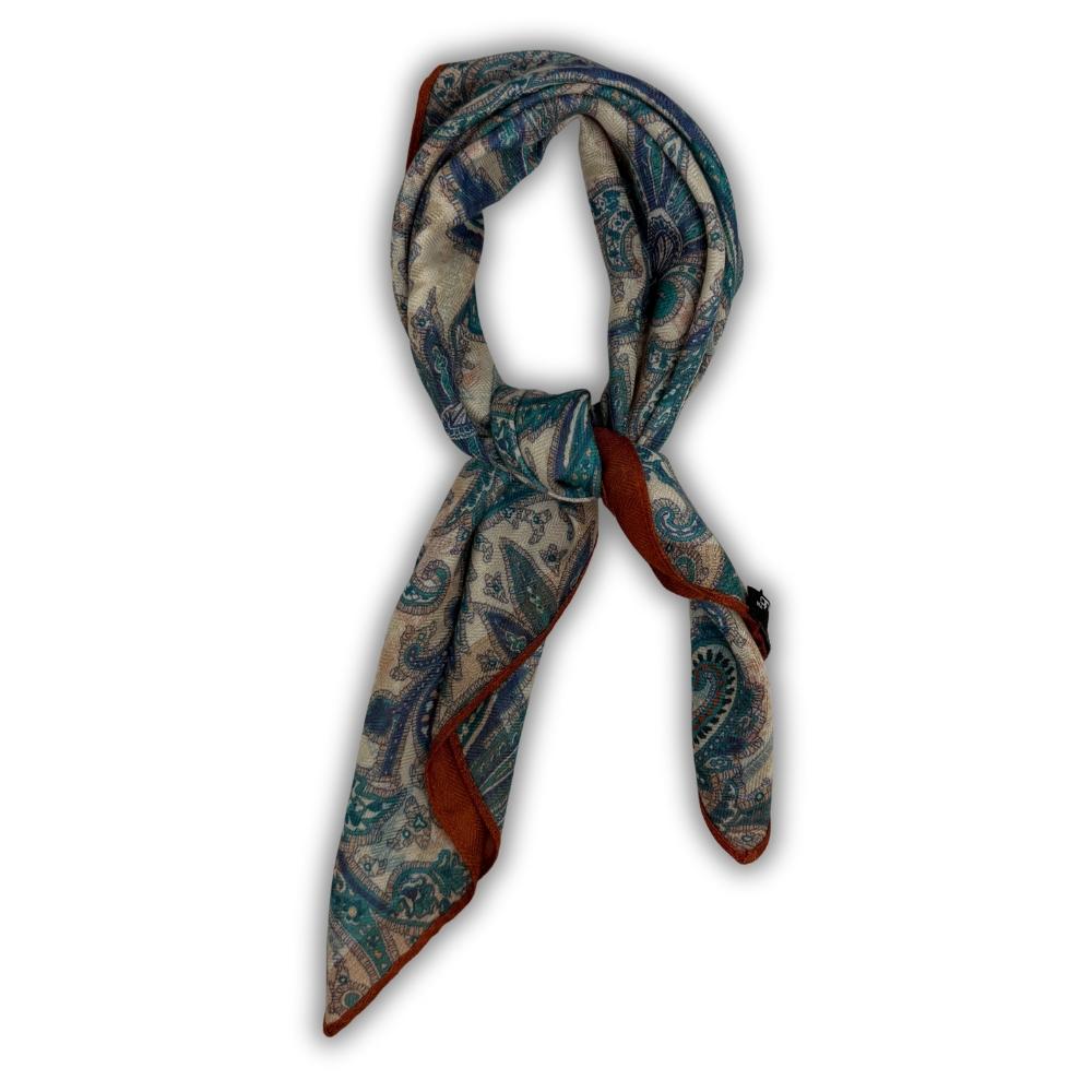 Rust & Teal Reversible Wool Neckerchief for Men - Paisley & Floral