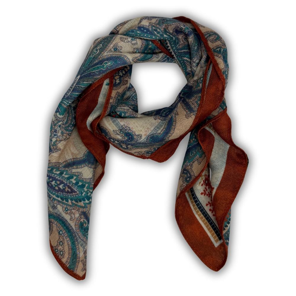 Rust & Teal Reversible Wool Neckerchief for Men - Paisley & Floral
