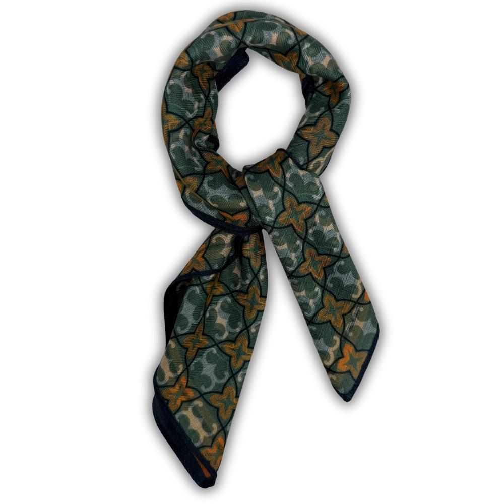 Green & Navy Reversible Wool Neckerchief for Men - Star Grid & Stripe