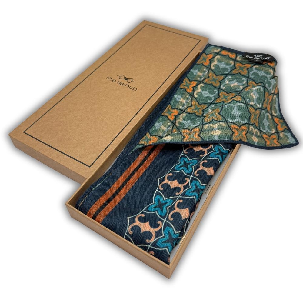 Green & Navy Reversible Wool Neckerchief for Men - Star Grid & Stripe