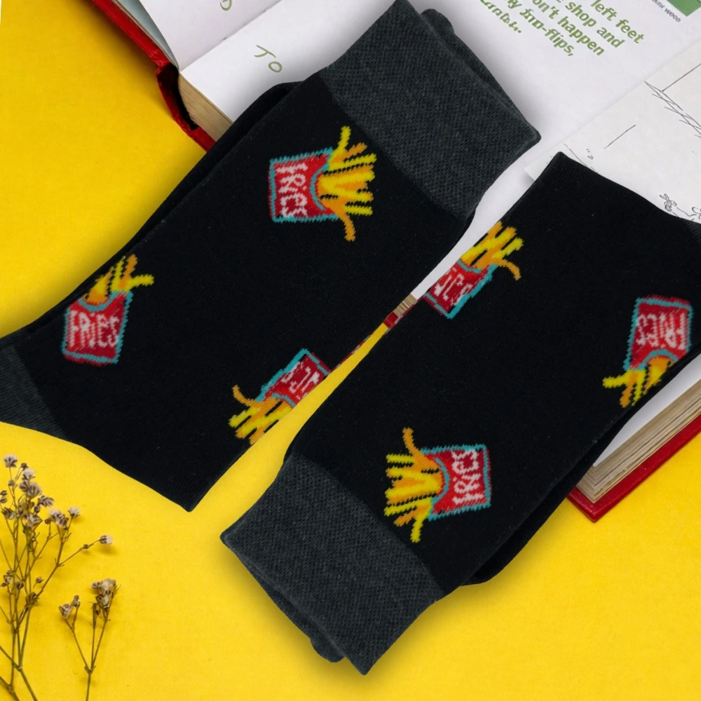 Black Fries Print Cotton Socks Premium Design – Breathable Comfort Fit