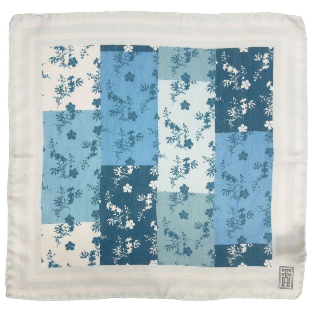 Blue White Silk Pocket Square | Floral Patchwork Formal Suit Accessory