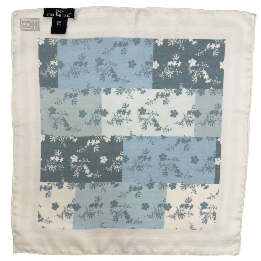 Blue White Silk Pocket Square | Floral Patchwork Formal Suit Accessory