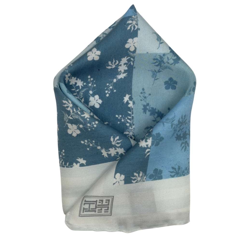 Blue White Silk Pocket Square | Floral Patchwork Formal Suit Accessory