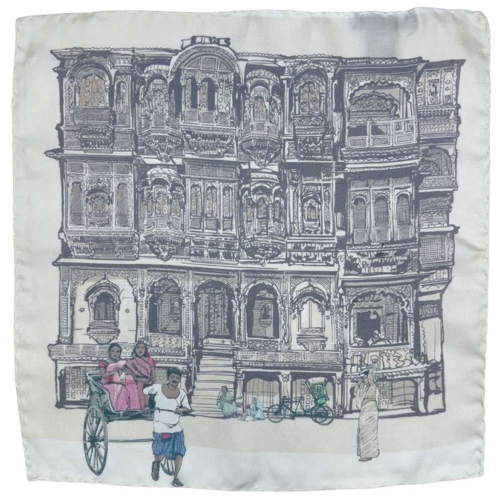 Cream Silk Pocket Square | Heritage Building Sketch Formal Suit Accessory