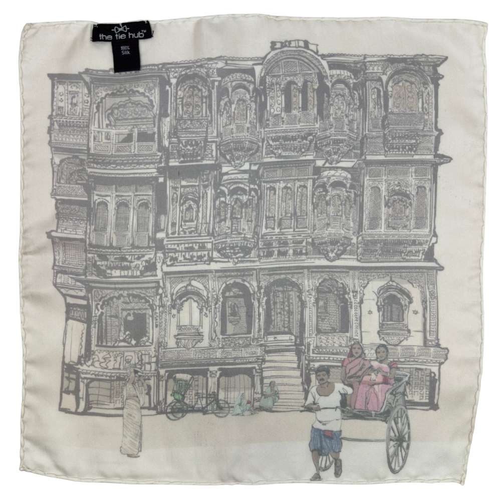 Cream Silk Pocket Square | Heritage Building Sketch Formal Suit Accessory