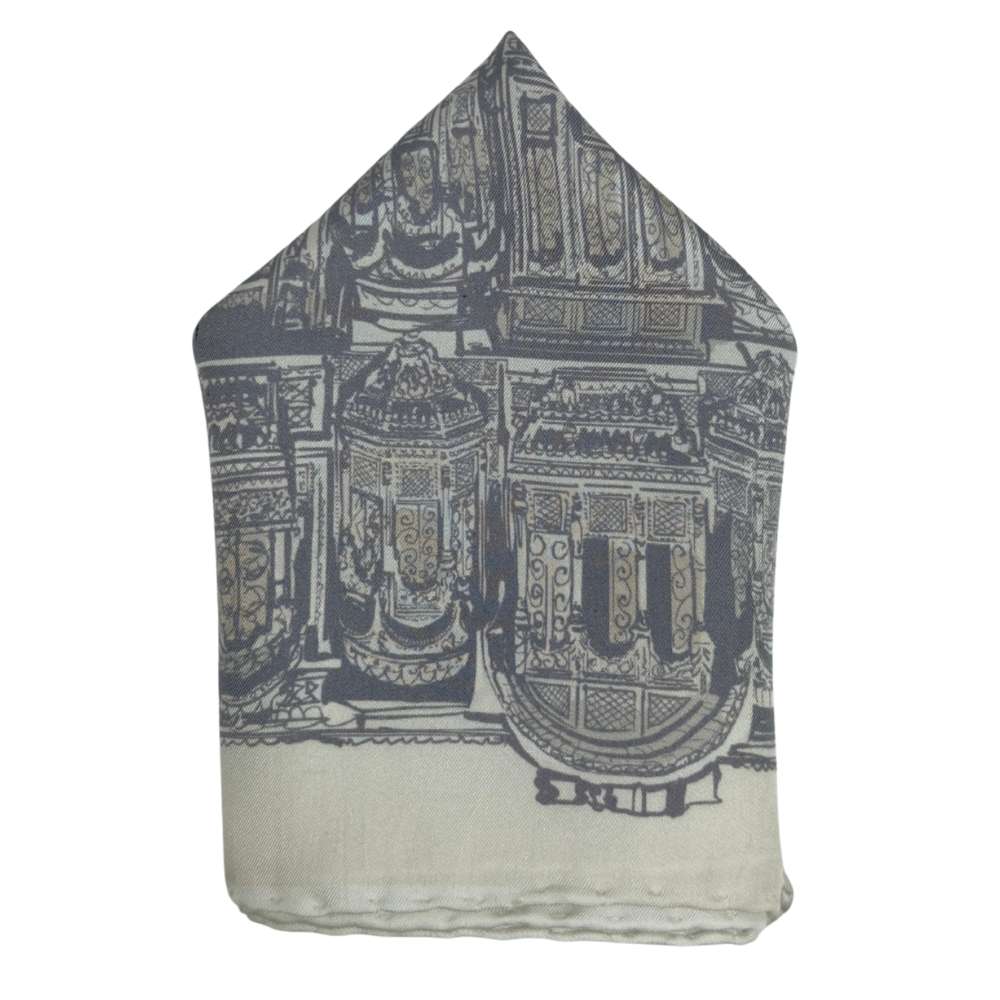 Cream Silk Pocket Square | Heritage Building Sketch Formal Suit Accessory