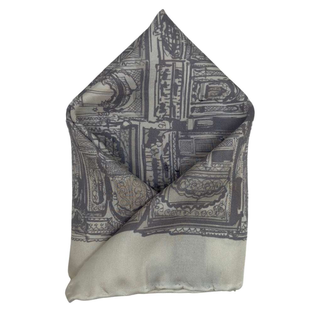 Cream Silk Pocket Square | Heritage Building Sketch Formal Suit Accessory