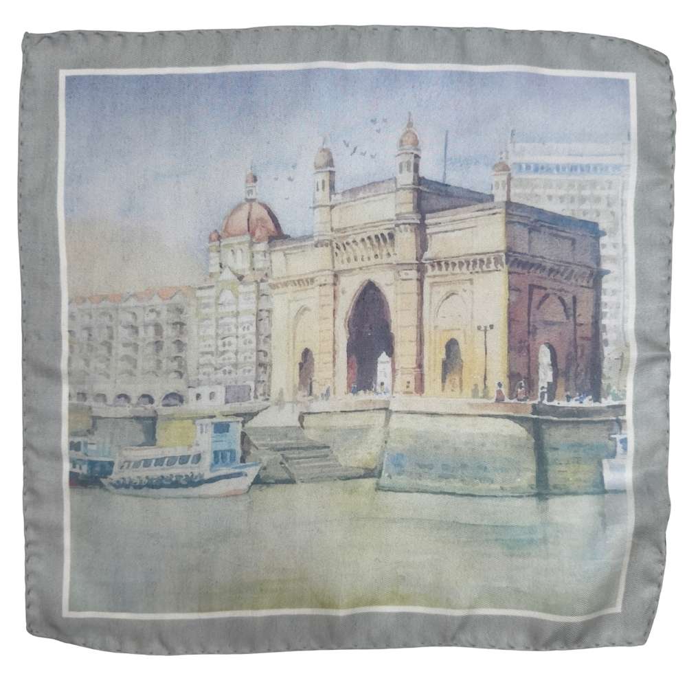 Multicolor Silk Pocket Square | Monument Landscape Print Formal Suit Accessory