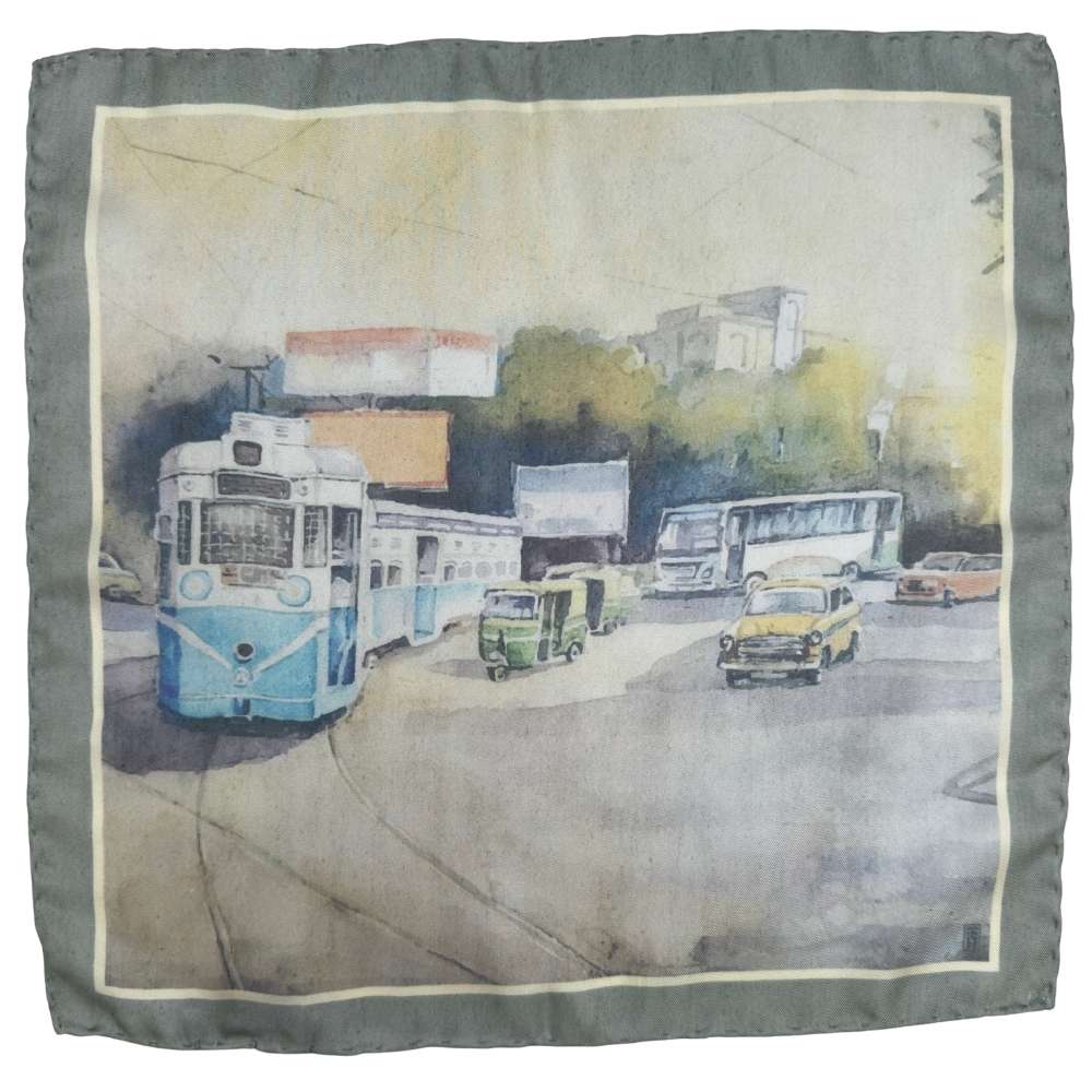 Multicolor Silk Pocket Square | Urban Cityscape Print Formal Suit Accessory