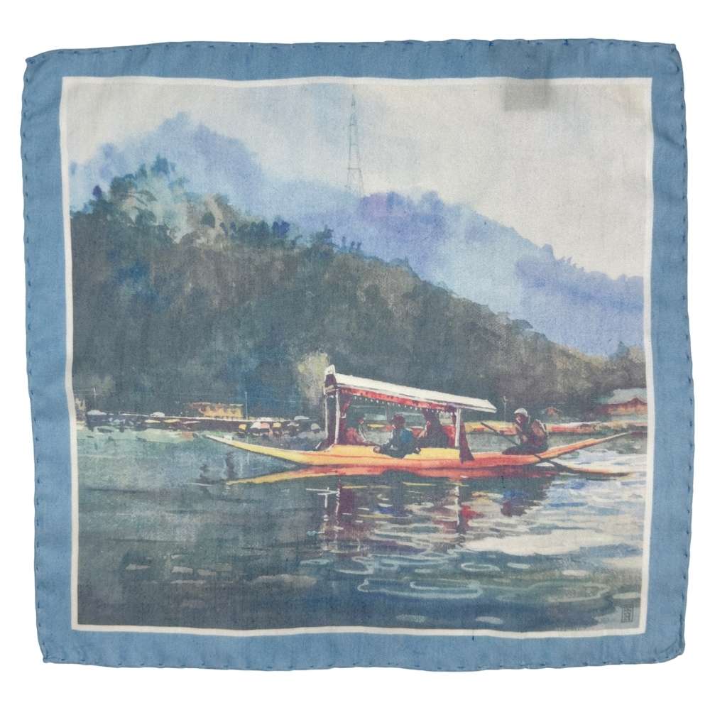 Multicolor Silk Pocket Square | Scenic Boat Landscape Print Formal Suit Accessory