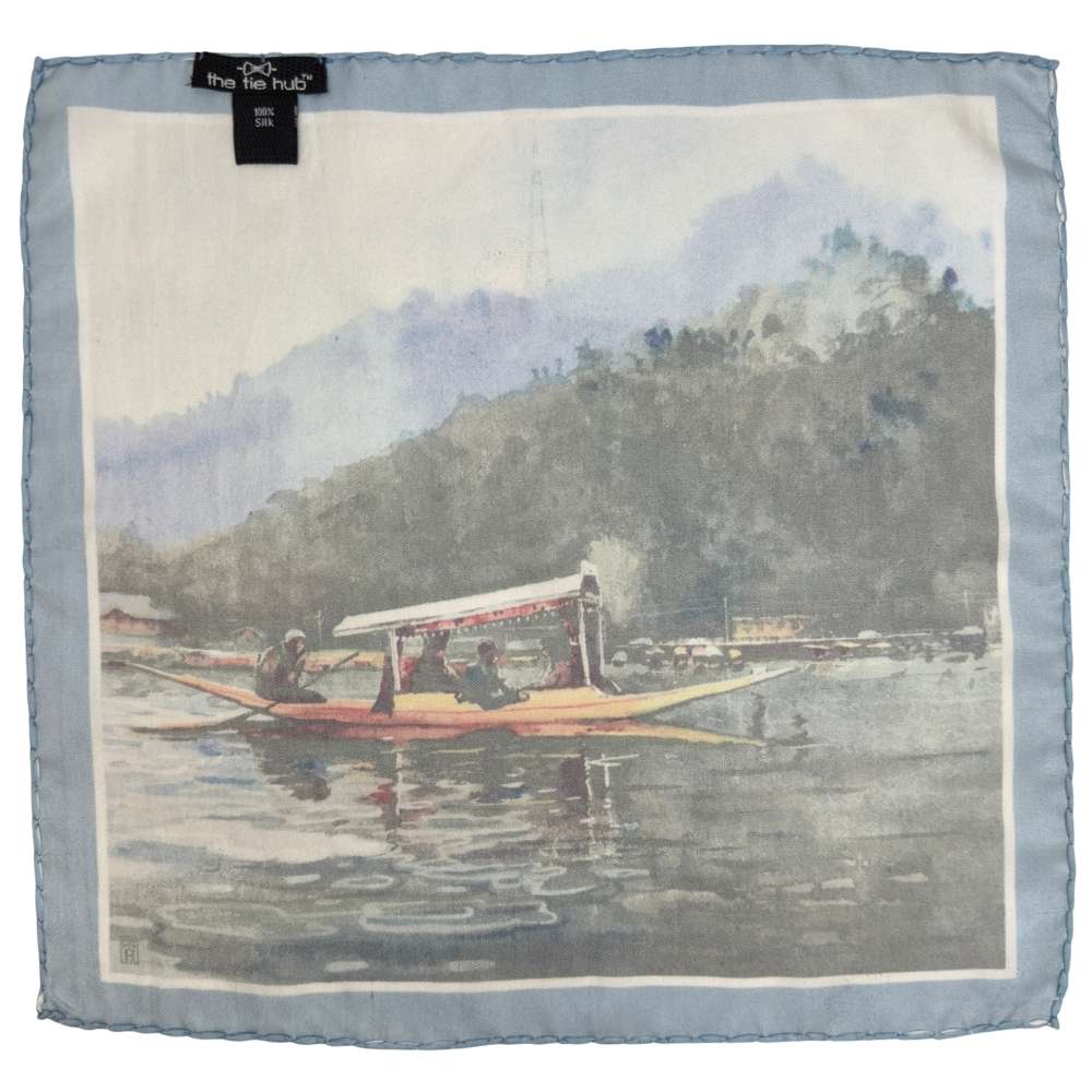 Multicolor Silk Pocket Square | Scenic Boat Landscape Print Formal Suit Accessory