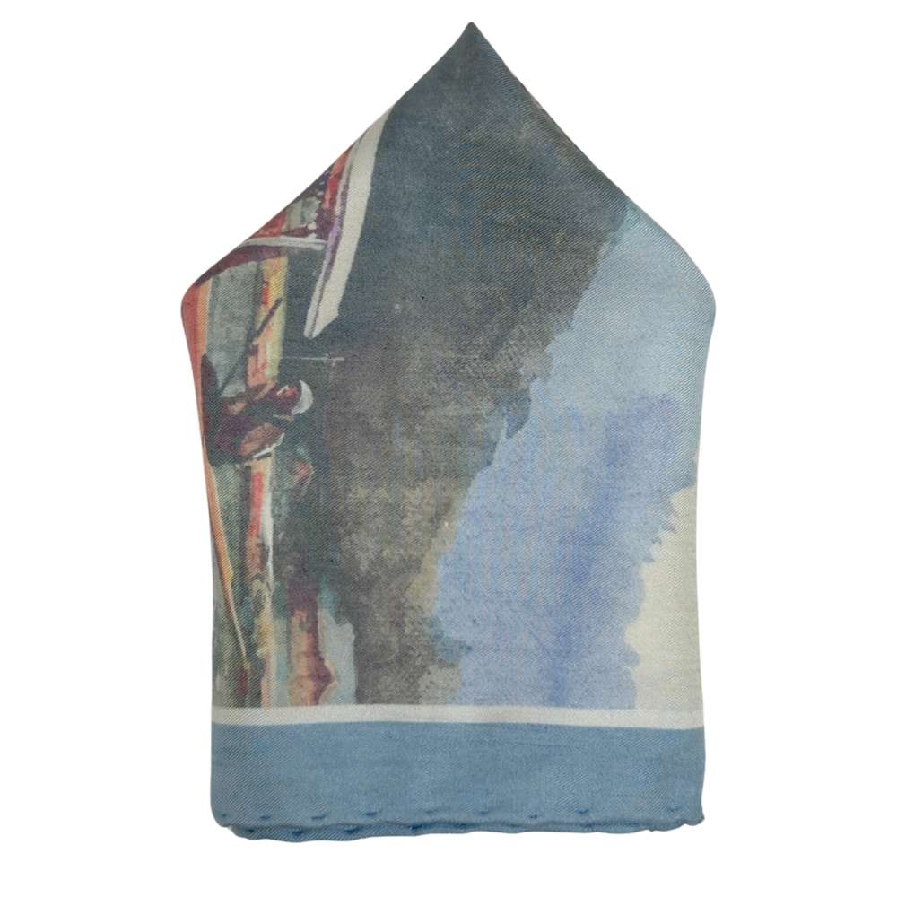 Multicolor Silk Pocket Square | Scenic Boat Landscape Print Formal Suit Accessory