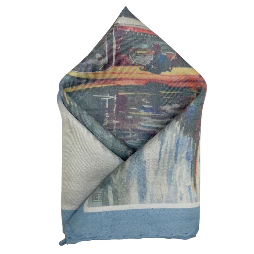 Multicolor Silk Pocket Square | Scenic Boat Landscape Print Formal Suit Accessory
