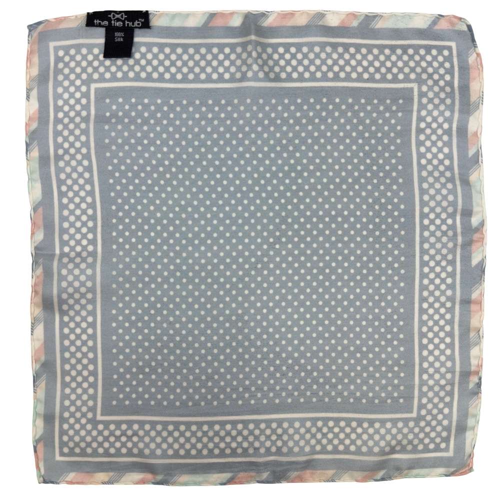 Blue Silk Pocket Square | Polka Dot Striped Border Formal Suit Accessory