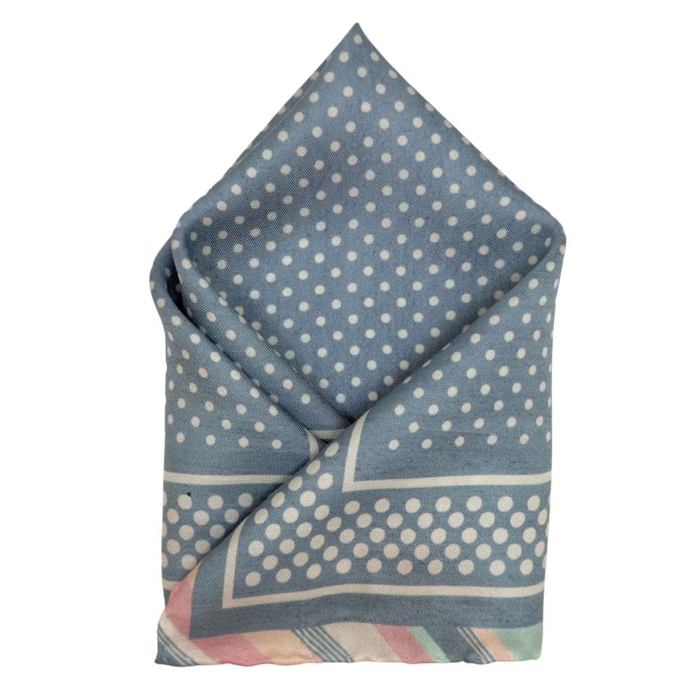 Blue Silk Pocket Square | Polka Dot Striped Border Formal Suit Accessory