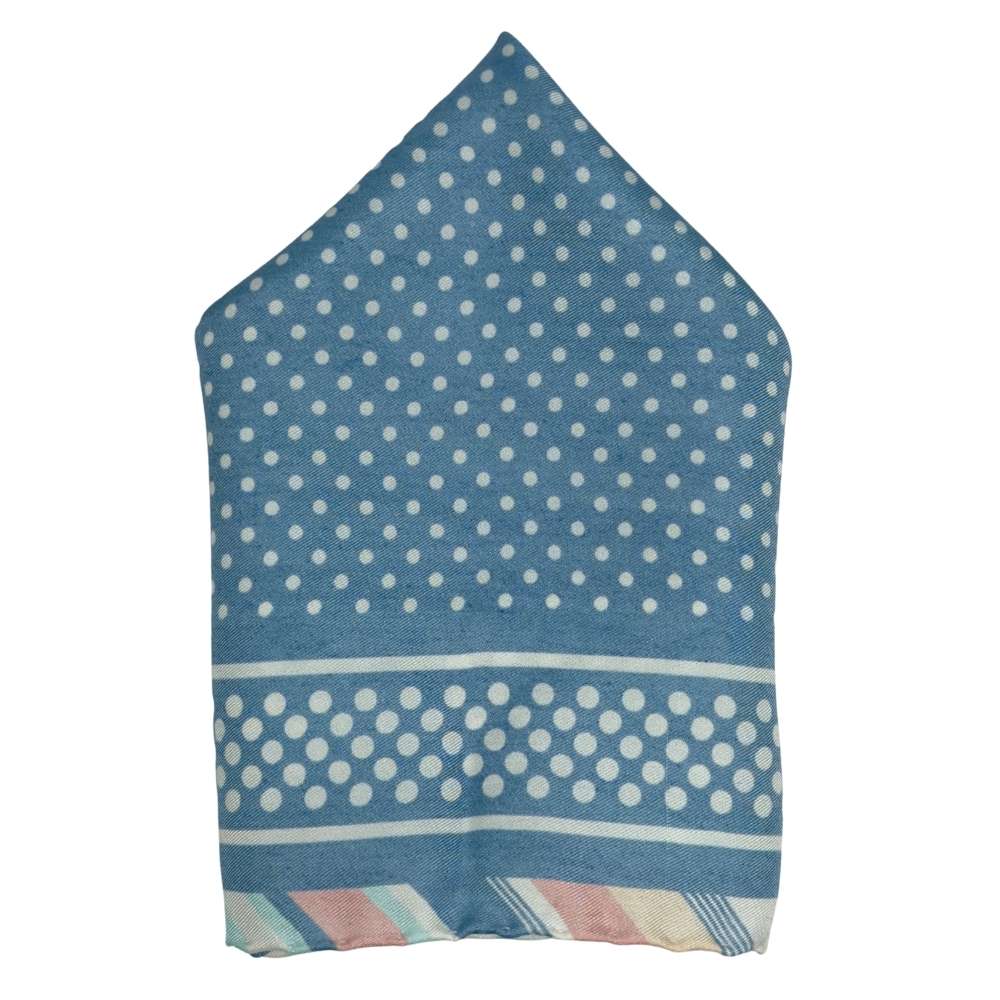 Blue Silk Pocket Square | Polka Dot Striped Border Formal Suit Accessory