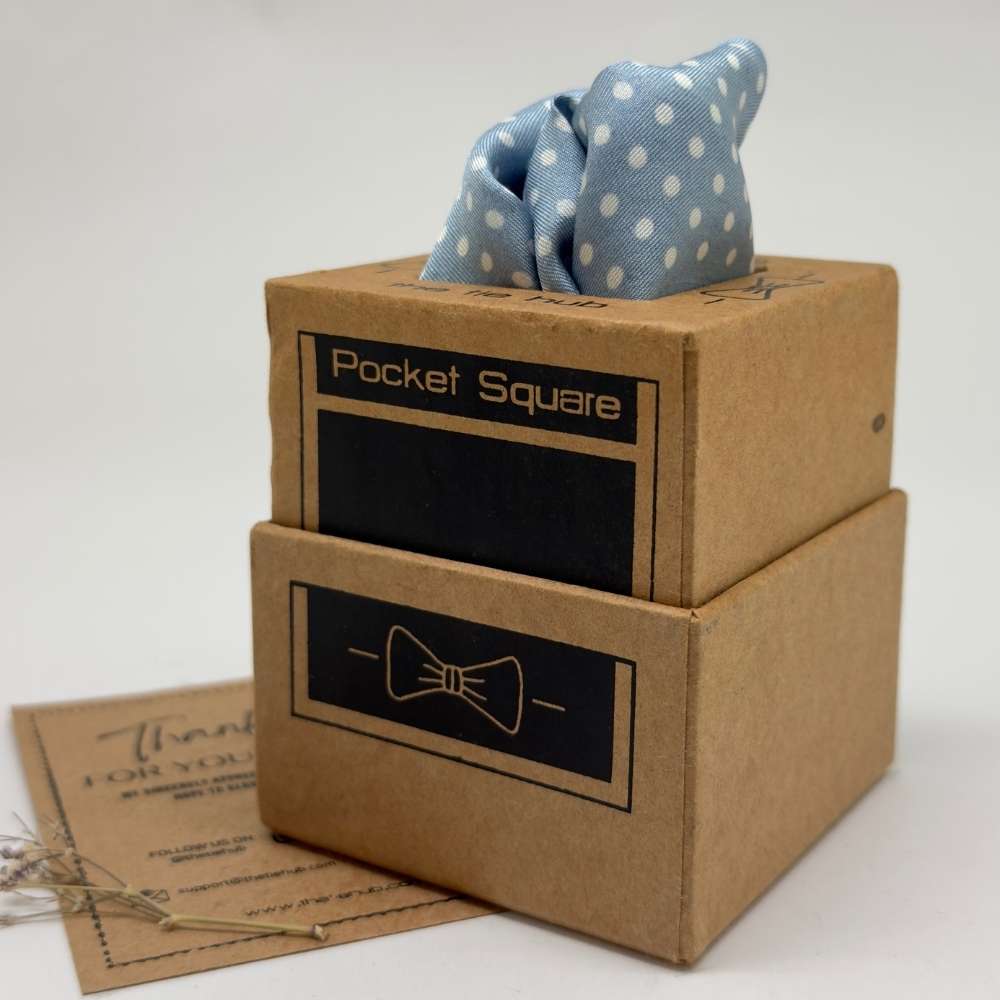 Blue Silk Pocket Square | Polka Dot Striped Border Formal Suit Accessory