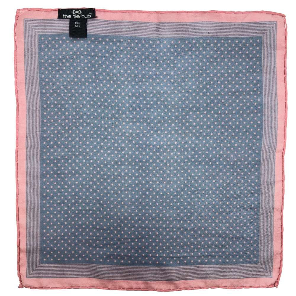 Blue Pink Silk Pocket Square | Fine Polka Dot Border Formal Suit Accessory