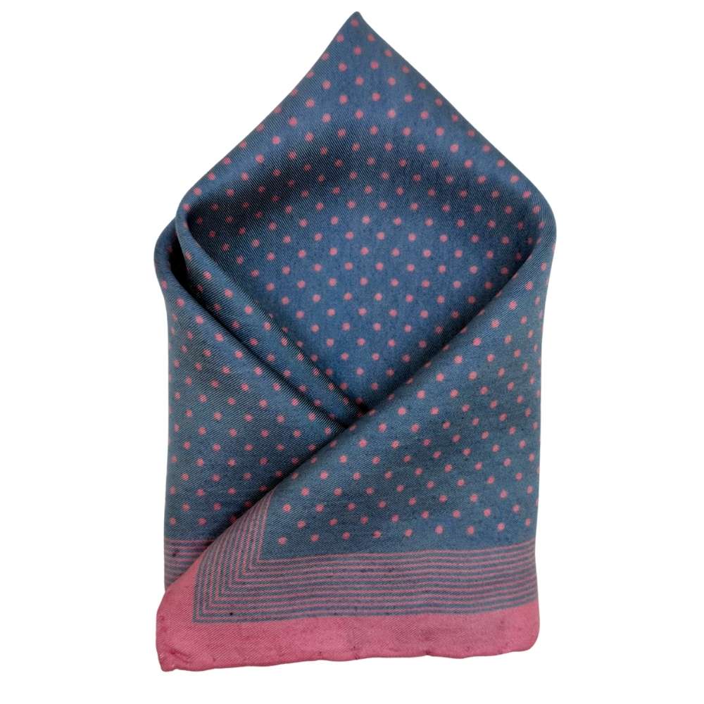 Blue Pink Silk Pocket Square | Fine Polka Dot Border Formal Suit Accessory