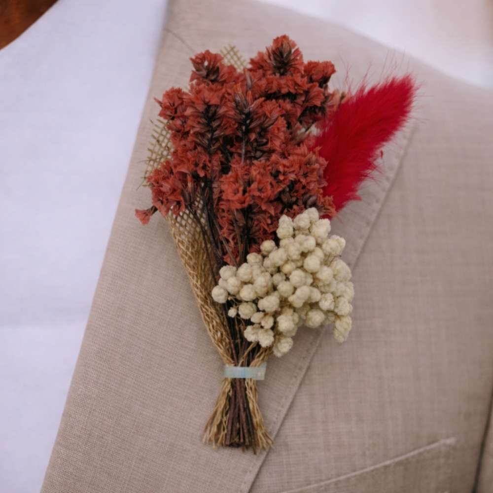 Red & Beige Artificial Flower Boutonniere Rustic Floral Design