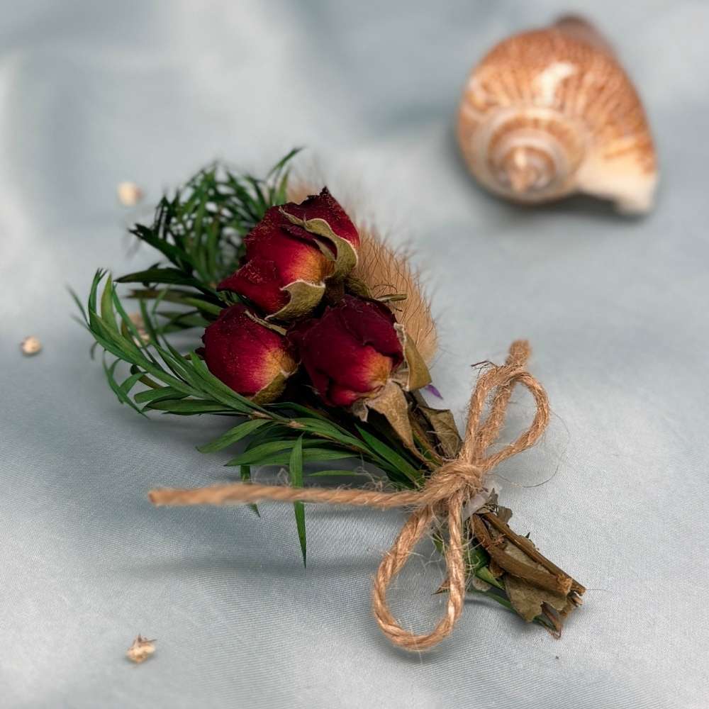 Red & Green Artificial Flower Boutonniere Rustic Floral Design